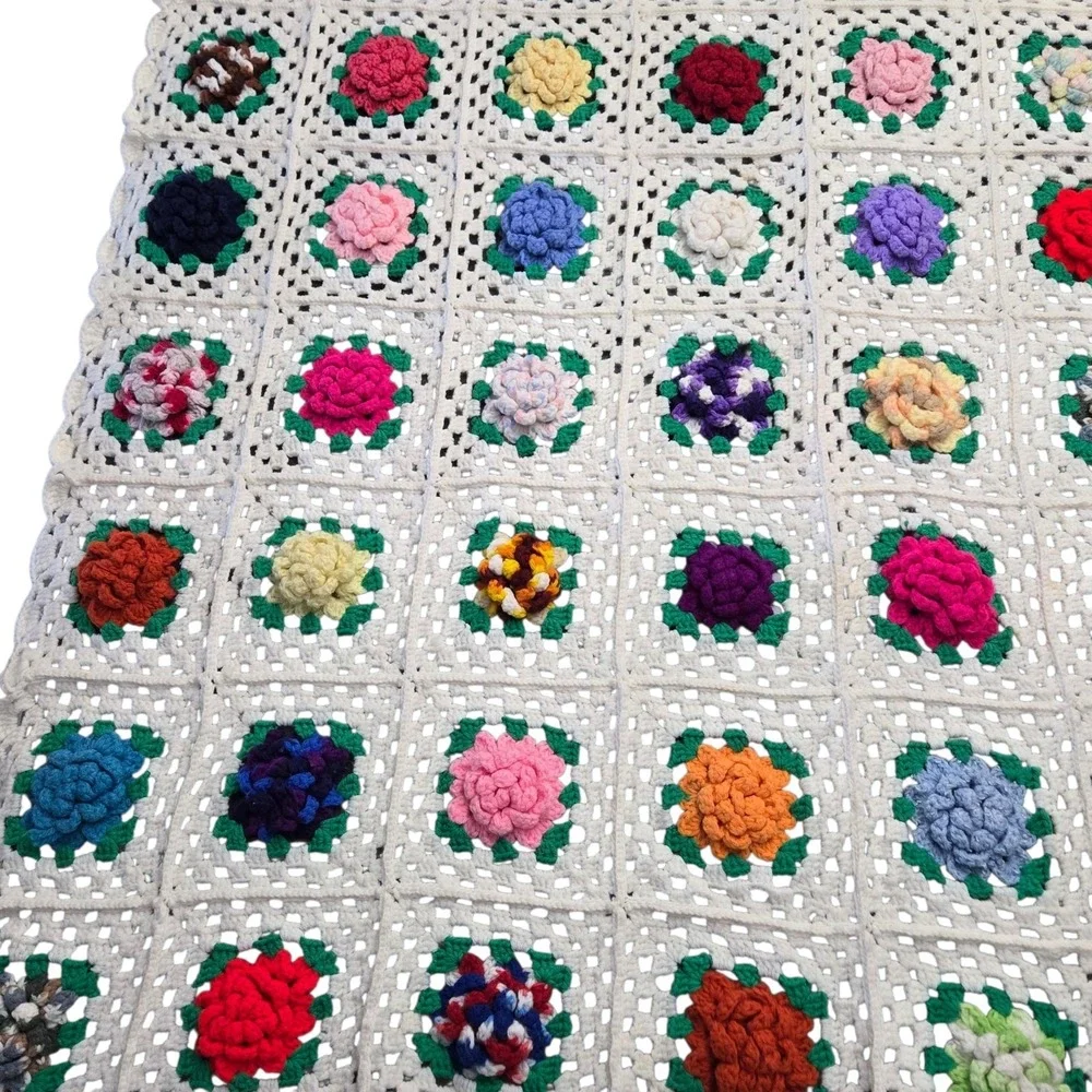 Vintage 3D Crochet Granny Square Blanket Floral White Handmade Afghan Throw
